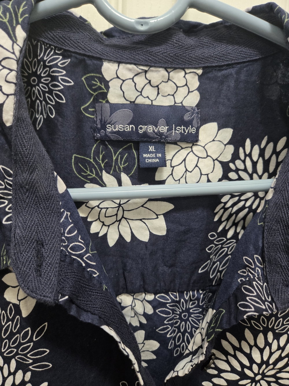 Susan Graver Navy Blue Floral Button-Down Shirt